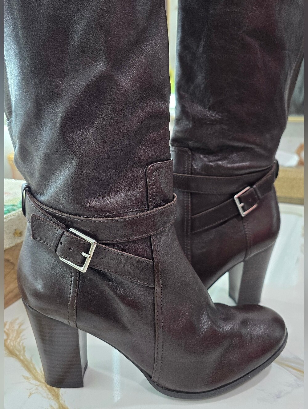 Marc Fisher Dark Brown Leather Mid-Calf Heeled Buckle Boots